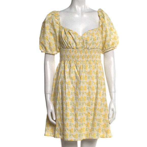 Faithfull the Brand Dresses & Skirts - Faithfull The Brand Yellow Floral Puff Sleeve Smocked Mini Dress M